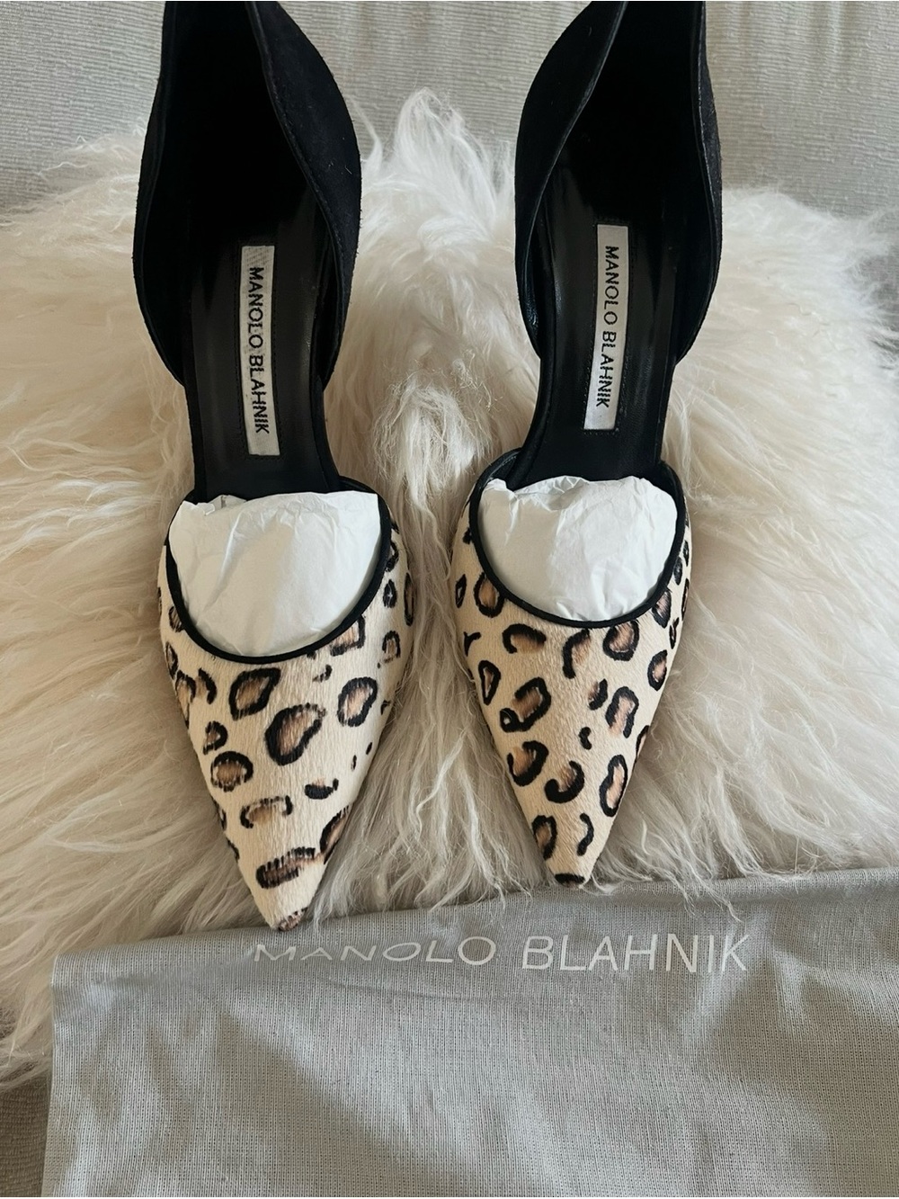Manolo Blahnik Leopard-Print Pointed Toe Pumps in Black and Cream